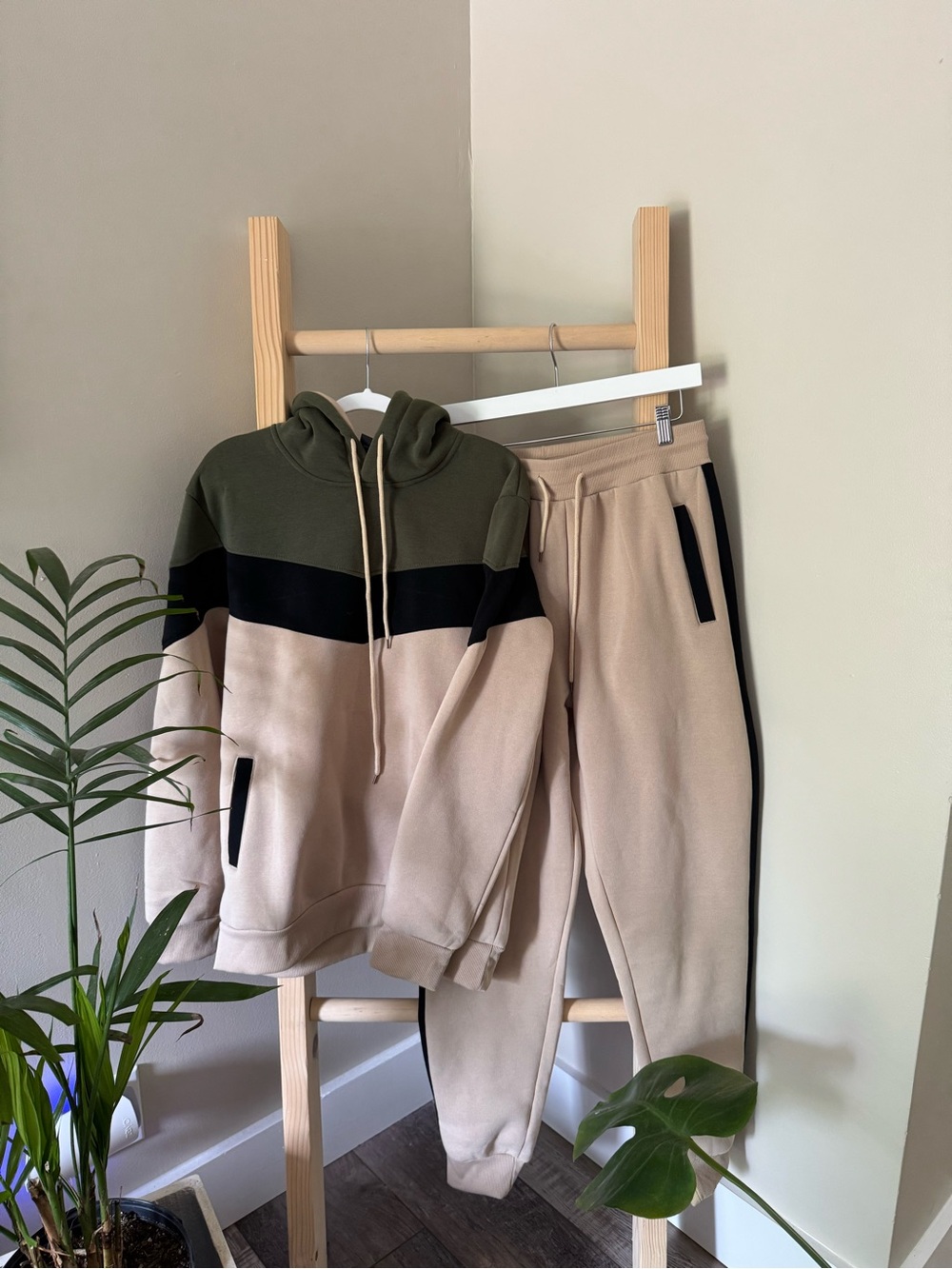 Three-Tone Hoodie & Jogger Set in Olive, Black & Beige